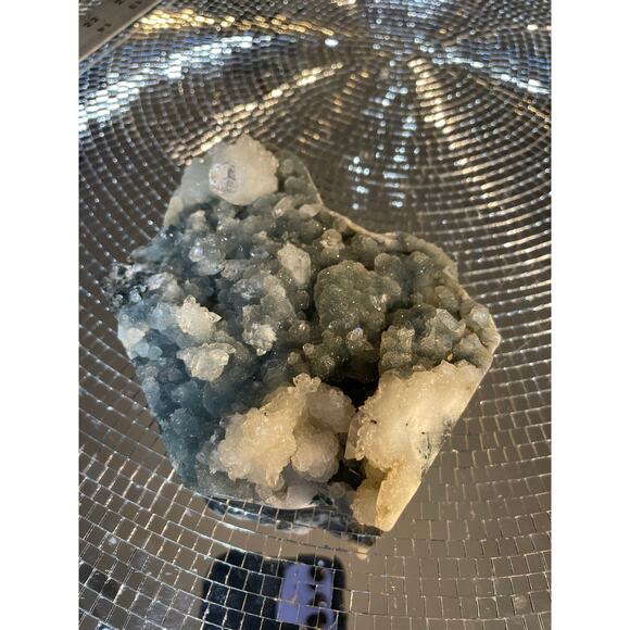 Clear Blue Apophyllite Crystal Cluzer with druzy blue standing crystal ~1.5 lb - Picture 12 of 16